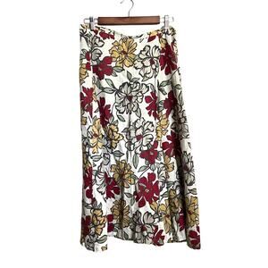 Cut Loose Midi Skirt 100% Linen Flax Floral Print Faux Wrap Size Small